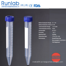 FDA e Ce aprovados tubos de centrífuga de fundo cônico de 15ml com graduação impressa em pacote de rack de espuma